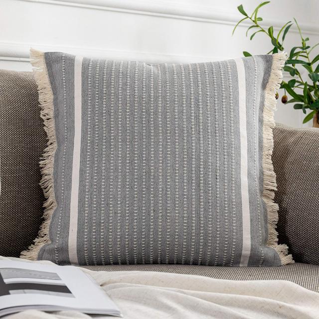OJIA Modern Throw Pillow Cover with Tassels, Decorative Liana Fringe Accent Cushion Case, Farmhouse Woven Pillowcase for Sofa Chair Couch Bed Decor (Square 18 Inches, Gray)