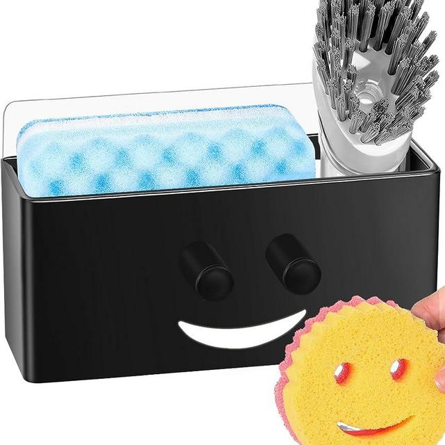 Utobao Sponge Holder, Smiley Face Kitchen Sink Caddy for Kitchen Sink, Sink Brush Holder Organizer Stainless Steel with 1 PCS Adhesive Strips for Holding Smiling Face Scrubber, Soap, Dish Brush-Black