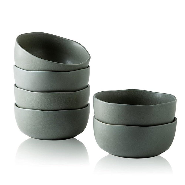 AmorArc Stoneware Cereal Bowls for Kitchen, 28oz Large Ceramic Soup Bowls Set of 6 for Meal, Chip-Resistant Kitchen Bowls with Wavy Rim, Matte-Greenish-Gray