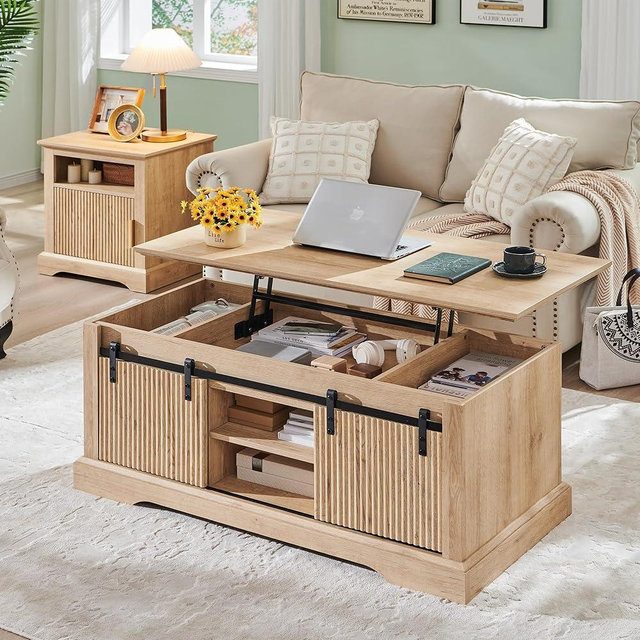 Aitjunz 46" Fluted Lift Top Coffee Table with Sliding Door, Modern Center Table w/Adjustable Storage Shelf & Hidden Compartment, Coffee Table Converts to Dining Table for Living Room, Office (Natural)