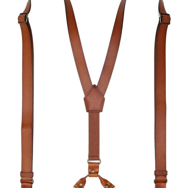 RC ROCKCOW Leather Suspenders for Men Y Back Design Adjustable Suspender with 4 Metal Clips Groomsmen Gift Wedding Brown