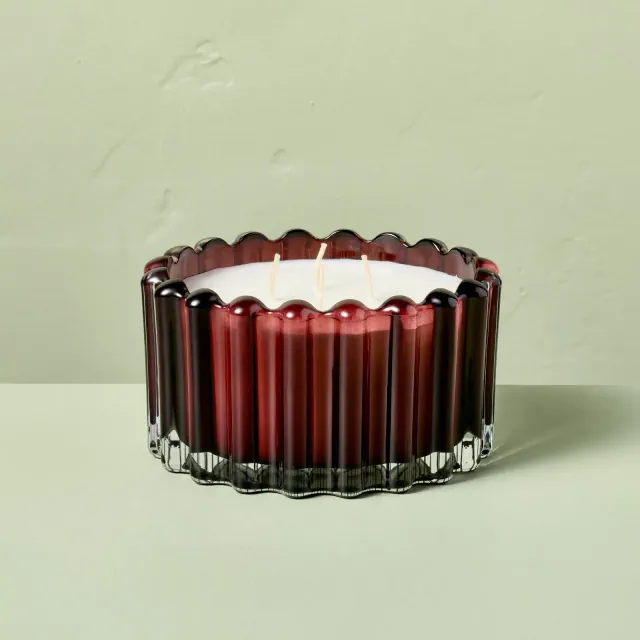 4 Wick Ribbed Glass Black Oak and Persimmon Jar Candle Burgundy 22oz - Hearth & Hand™ with Magnolia
