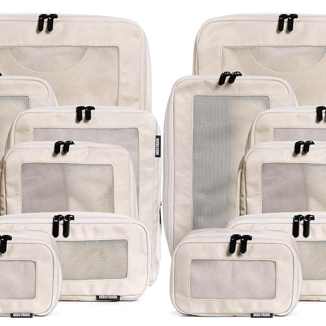 Aerotrunk Compression Packing Cubes for Travel - Luggage Organizer Bags - Double Zipper Packing Cubes for Suitcases (12-Pack, Beige)