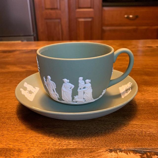 Vintage Wedgwood Sage Green Jasperware Teacup and Saucer Set - Excellent Condition