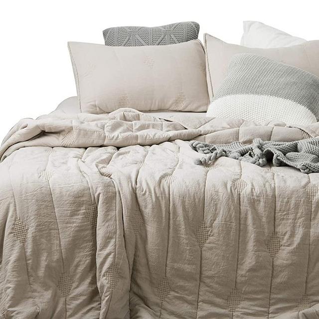 ANNA.Z HOME Ethan Comforter, Quilt, Stone Washed Microfiber 3 Pieces Set, Stitching and Embroidery, King and Queen Set Available in Solid Colors, Good for All Seasons. (Feather Gray, Queen Set)