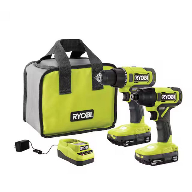 RYOBI ONE+ 18V Cordless 2-Tool Combo Kit with Drill/Driver, Impact Driver, (2) Compact Batteries, and Charger PCL1200K2