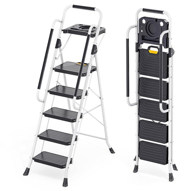KINGRACK Sturdy Steel 5 Step Ladder, Folding Step Stool with Handrail, Anti-Slip Wide Pedals, Safe-Lock Design, Pass 800lbs Load Testing, Portable Ladder for Multi-Purpose in Home, Kitchen, White