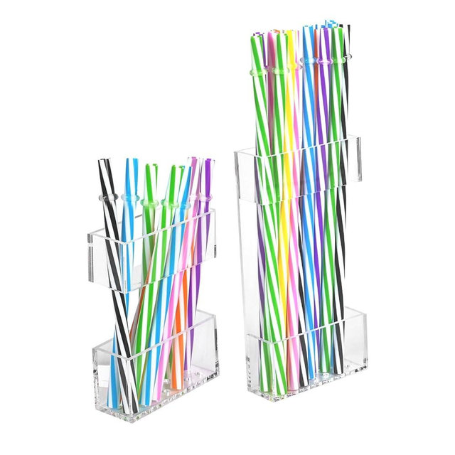 2-in-1 Multi-Functional Acrylic Straw Holder for Cabinet Doors, Reusable Straw Organizer with Ultra-Sticky Adhesive, Small Kitchen Accessories Container, Fits Both Short & Long Straws (Transparent)