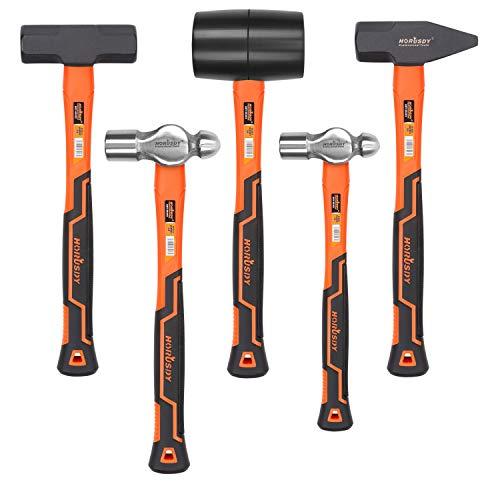 HORUSDY 5-Piece Hammer Set, 16oz Ball Pain Hammer | 32oz Ball Pain Hammer | 32oz Rubber Mallet | 3lb Sledge Hammer | 3lbCross Pain Hammer