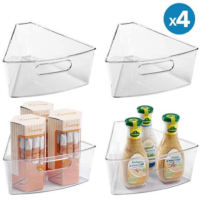 Oubonun Lazy Susan Organizers (4 Packs), 10.2”x9.4”x4” Plastic Transparent Kitchen Cabinet Storage Bins, 4" Deep Container, 1/8 Wedge - Food Safe, BPA Free