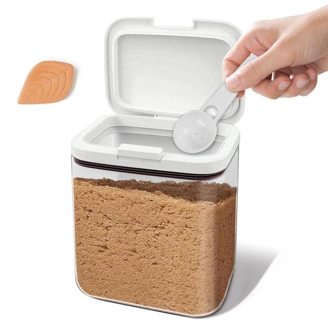 Holyenten Brown sugar storage container with clay, 2-quart (64-ounce) airtight kitchen storage jar with spoon – clear food-grade glass jar to keep brown sugar moist and soft.
