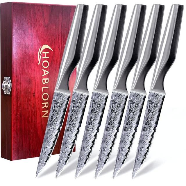 HOABLORN Steak Knives Damascus steak knives set of 6 serrated steak knife sets