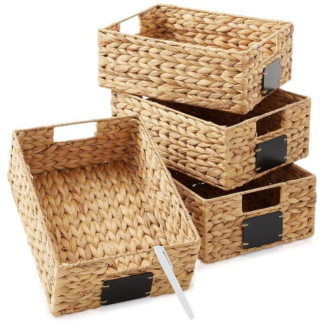 Casafield Set of 4 Water Hyacinth Pantry Baskets, 10" x 13" x 5", with Chalkboard Labels and Chalk Marker - Natural, Woven Storage Bin Organizers for Kitchen Shelves