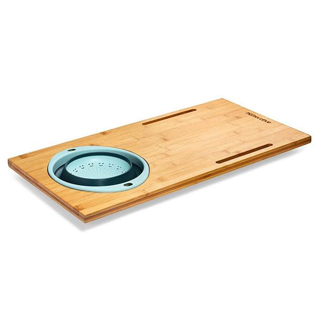 Homevative Over the Sink Bamboo Cutting Board with Collapsible / Removable Strainer and Phone Slots