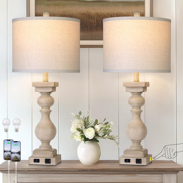 MOUVOVO 28" Tall Farmhouse Table Lamps Set of 2 with USB C+A Ports and AC Outlet, 3 Way Touch Tall Rustic Bedside Lamps for Living Room, Beige Vintage Lamps for Bedroom