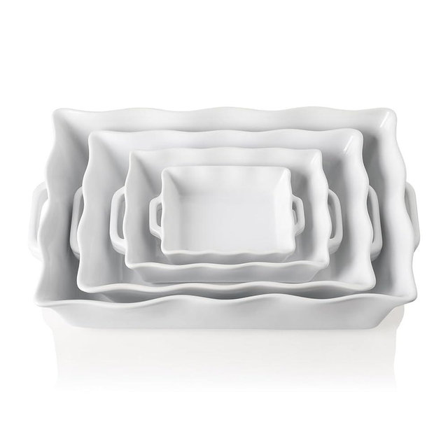 Sweejar Casserole Dishes for Oven, Ceramic Bakeware Set of 4, Rectangular Baking dish with Handles, Wave Edge Lasagna Pan Deep for Cooking, Cake, Dinner, Banquet and Daily Use (White)