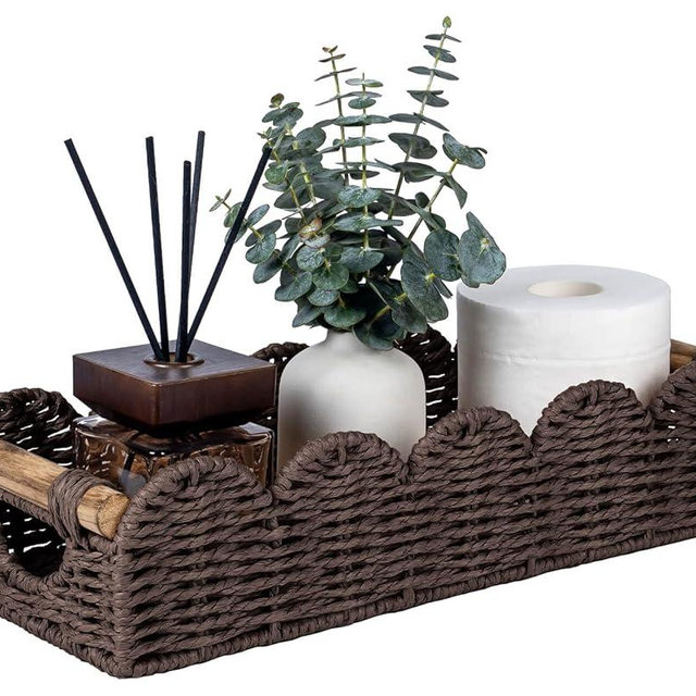 CubesLand Bathroom Basket Organizer w/Cut Out Handle, Back of Toilet Paper Storage Baskets Tray for Bathroom Countertop Decorative, Scalloped Wicker Basket Also for Home Decor, Living Room, Brown