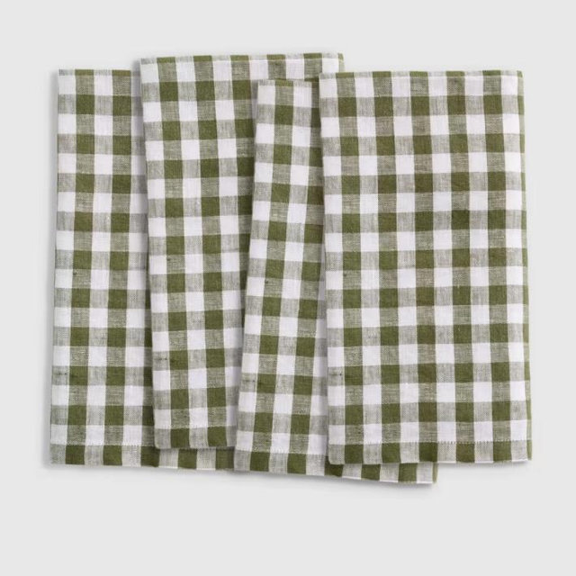 European Linen Gingham Napkins (Set of 4), Olive Gingham