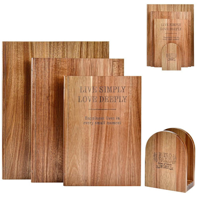 Book Cutting Board Set of 3, Acacia Wood Chopping Board Library with Stand, Decorative Kitchen Boards for Cheese, Meat, Vegetable and Charcuterie