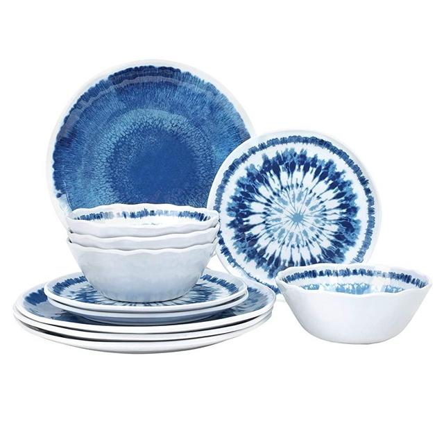 12-Piece Melamine Dinnerware Set - for Outdoor/Indoor Use, Shatterproof, Lightweight, BPA Free, Service for 4, Modern Blue Pattern