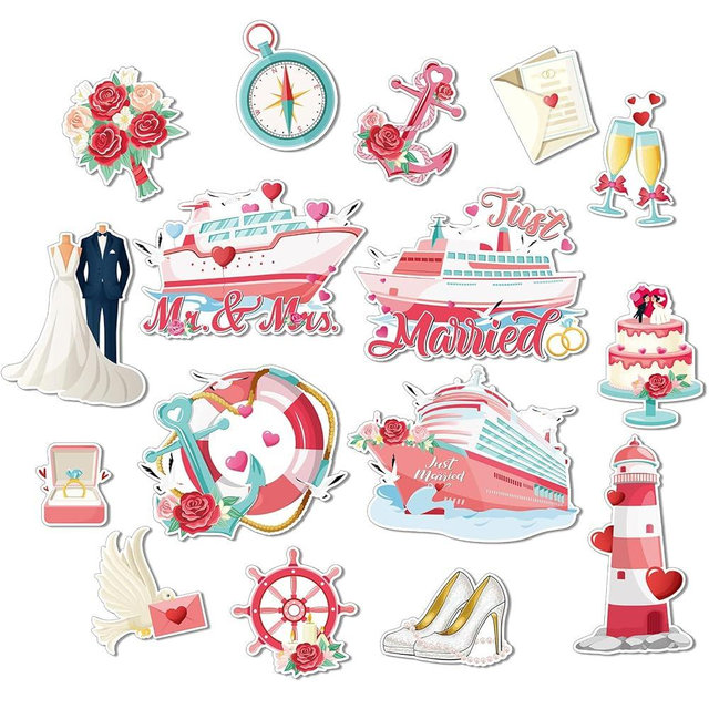 Capoda 16 Pcs Just Married Cruise Door Magnets Decorations Wedding Mr Mrs Ship Car Refrigerator Magnets Stickers Cruise Cabin Door Fridge Magnetic Decorations for Honeymoon Anniversary Cruise Party