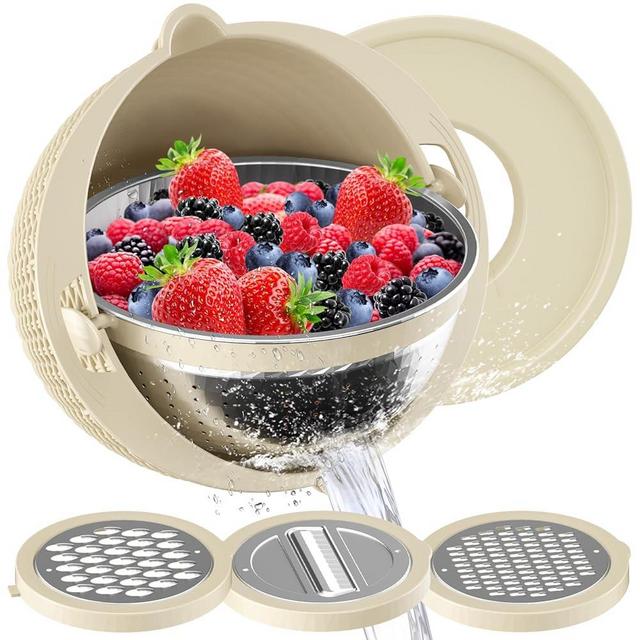4-1 Colander with Mixing Bowl Set - Colander for Kitchen, Food Strainer, Pasta And Rice Strainer, Fruit Cleaner, Veggie Wash, Salad Spinner, Apartment & Home Essentials - Beige