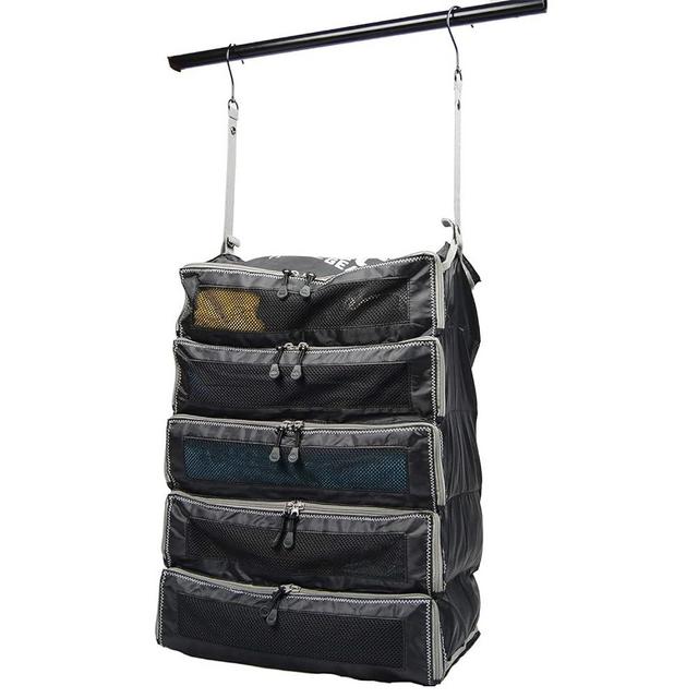 Pack Gear Hanging Suitcase Organizer, Travel Essential Foldable Packing Cubes, Pack Large or Carry On Luggage, Shelf Organizer for Closet (Black) (XL)