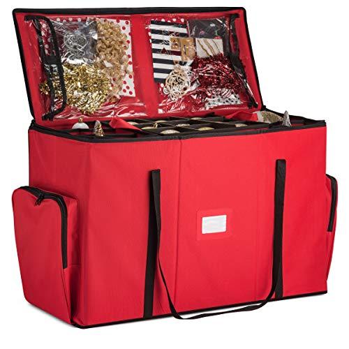 Super Rigid 2-in-1 Christmas Ornament Storage Box & Xmas Figurine Container - Easy Access Removable Trays, Keeps 73 Holiday Ornaments - Adjustable Extent Area for Figurines and Pockets for Decoration