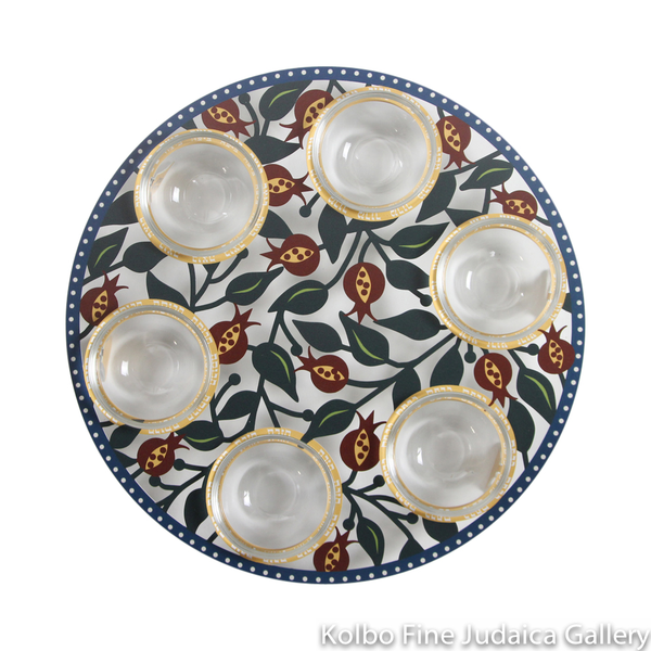 Seder Plate, Colorful Cut Out Pomegranate Design, Stainless Steel With Glass Cups
