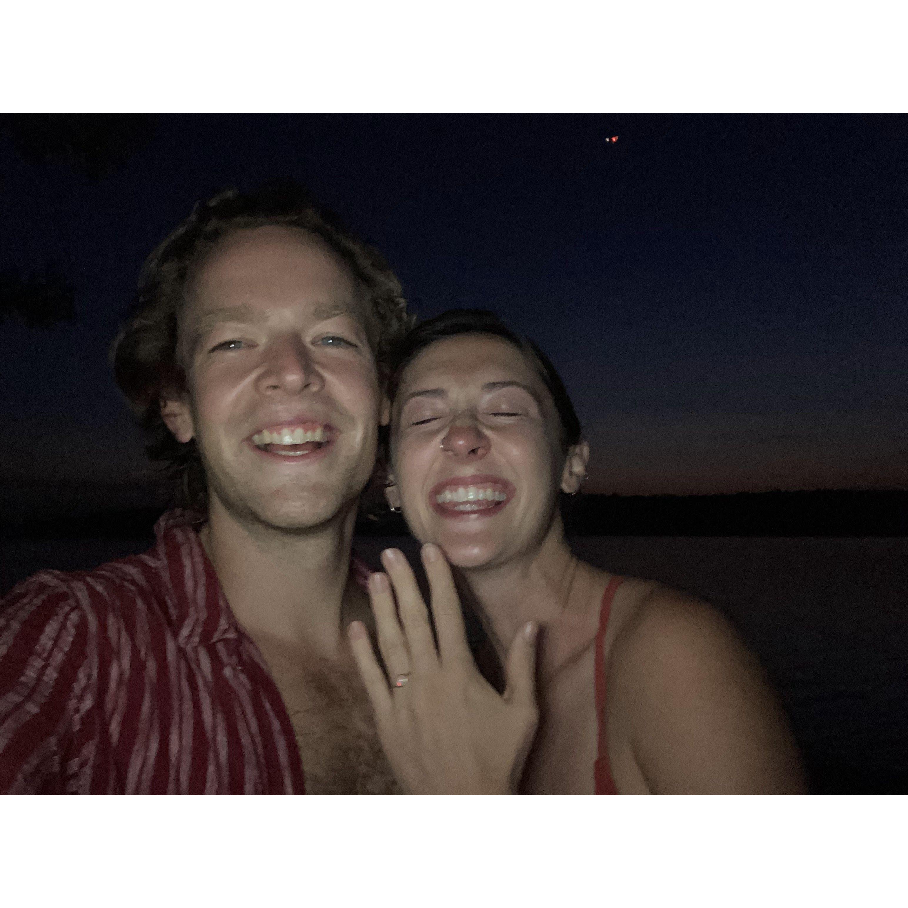 9/5/2023 Kevin popped the question at Jordan Lake, one of our favorite spots, and it also happened to be the same day my parents got engaged!