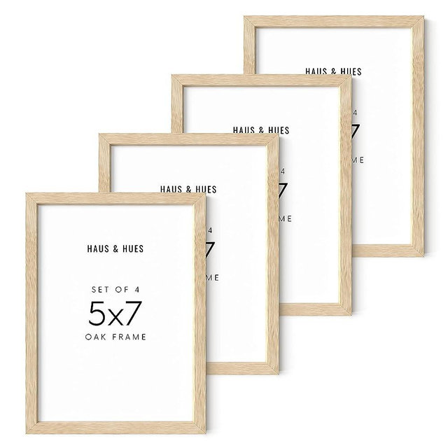 HAUS AND HUES Beige Wood Picture Frames 5x7 - Bulk Photo Frames 5x7 Set of 4, 5x7 Frames for Pictures, Photo Gallery Wall Frame Set 5x7 Picture Frame Bulk, Natural Wood Frames 5 x 7 (Beige Oak Frames)