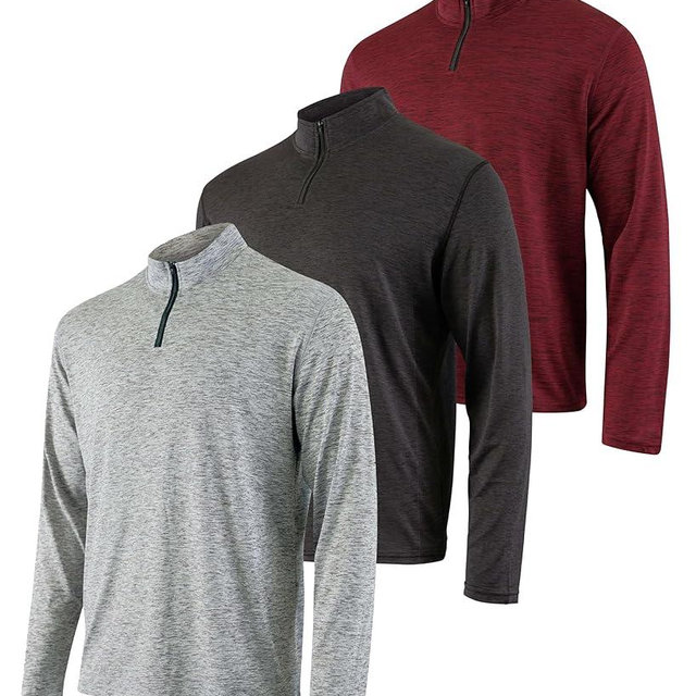 Real Essentials 3 Pack: Men's Dry-Fit Active Quarter Zip Long Sleeve Athletic Performance Pullover (Available in Big & Tall)