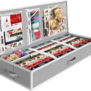 Simple Houseware 41.5" Wrapping Paper Storage Organizer - Fits 40 Rolls with Adjustable Straps, Interior Divider for Ribbons & Bows, 3 Clear Pockets for Gift Bags & Tools, 41.5''L x 16''W, Gray