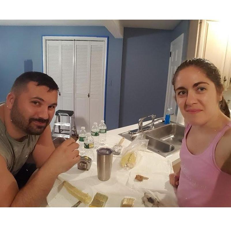 One night in our newly-bought house, splattered with ceiling paint and eating takeout and snacks from James' mom :)
