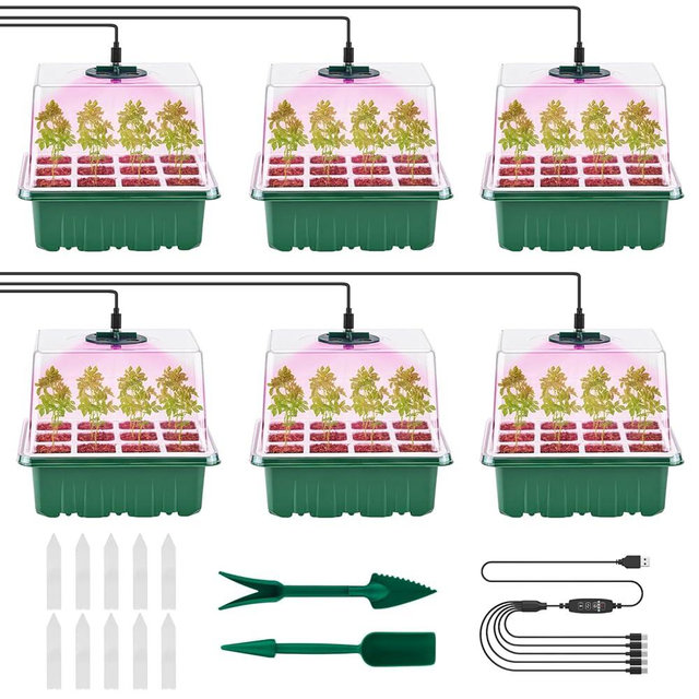 Pattiumo 6 Packs Seed Starter Tray with Grow Lights, 72 Cells Silicone Seed Starter Kits with Humidity Dome, 3 Lights for Seed Starting, 4 Timing Set, 8 Full Spectrum Germination Kit for Plant Seeds