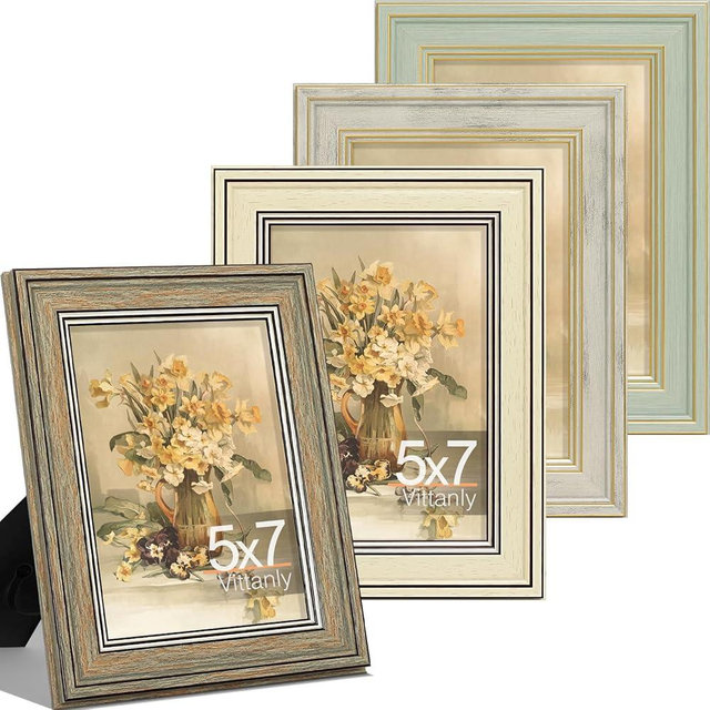 Vittanly 5x7 Picture Frame Set of 4, Vintage Photo Frame for Wall or Tabletop, Display 5x7 Pictures, Rustic Farmhouse Home Decor, Multicolour