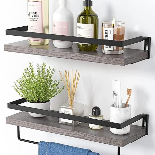 AMADA HOMEFURNISHING Floating Shelves Wall Mounted, Wall Shelves for Bathroom, Kitchen, Bedroom, Storage Shelf with Towel Bar, Set of 2, Grey - AMFS01G