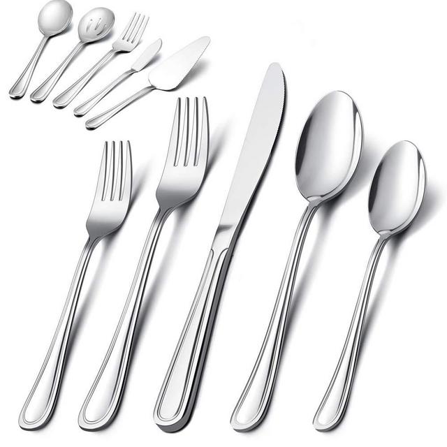 65-Piece Silverware Set with Serving Utensil, E-far Stainless Steel Modern Flatware Cutlery Set Service for 8, Tableware Includes Dinner Forks/Knives/Spoons, Mirror Polished, Dishwasher Safe
