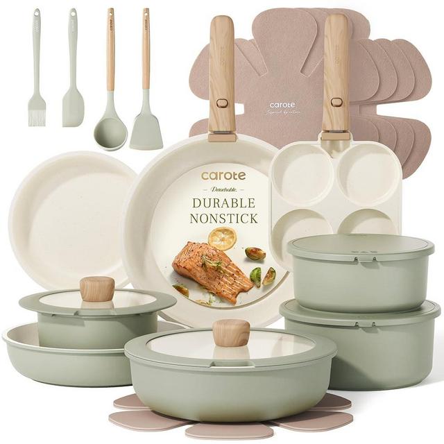 CAROTE 25pcs Pots and Pans Set Non Stick, Cookware Sets, Kitchen Set, Oven/Dishwasher/Fridge Safe, Space Saving Pots Set, Nonstick Set with Versatile Detachable Handle, Induction RV Set, Green