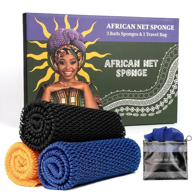 Bathway African Net Sponge Authentic 3 Pieces with Storage Bag, African Exfoliating Net Sponge Washcloth, Exfoliating Body Scrubber Bath Sponge Bathing Accessories (Blue & Black & Golden)