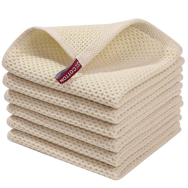 Homaxy 100% Cotton Waffle Weave Kitchen Dish Cloths, Ultra Soft Absorbent Quick Drying Dish Towels, 12x12 Inches, 6-Pack, Beige