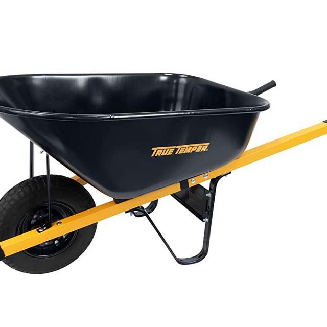 True Temper R6STFFEC 6 Cu. Ft Steel Tray Wheelbarrow with Never Flat Tire & Steel Handles, Black
