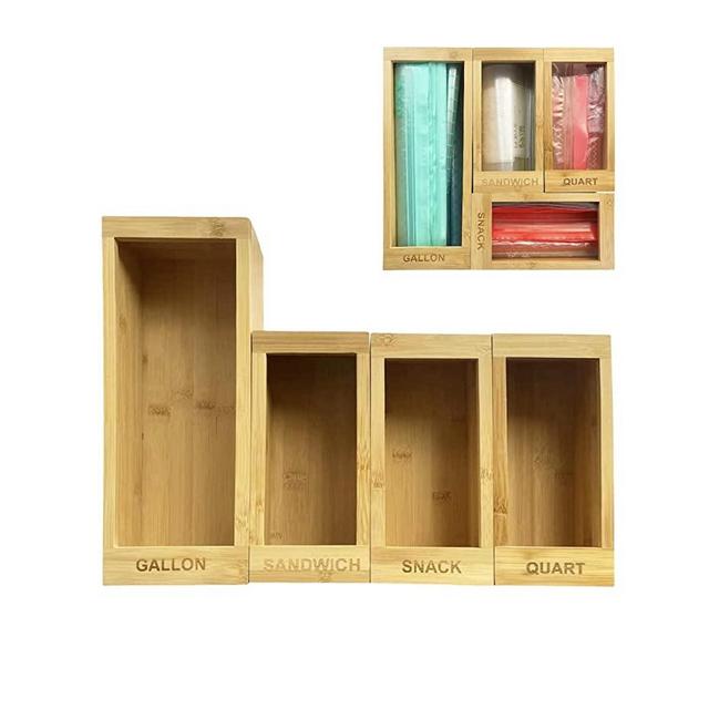 Bamboo Food Storage Bag Organizer Set Compatible with Ziplock Bags - Plastic Baggie Holder & Dispensers for Snack Drawer, Pantry, Kitchen - Fits Gallon, Quart, and Sandwich Sizes, Pack of 4