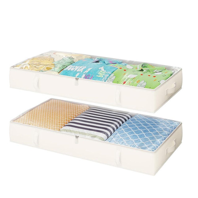 2-Pack Under Bed Storage, 6 Inches Tall Closet Organizers and Storage Bins with Sturdy Sidewalls/Bottom/4 Handles, Beige