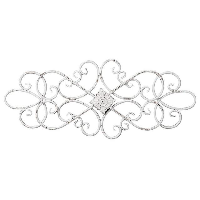 White Flower Scroll Metal Wall Art Decor 32" x 13", Hanging Vintage Large Wrought Iron Floral Wall Sculptures, Farmhouse Wall Decorations for Living Room Bedroom Indoor Outdoor
