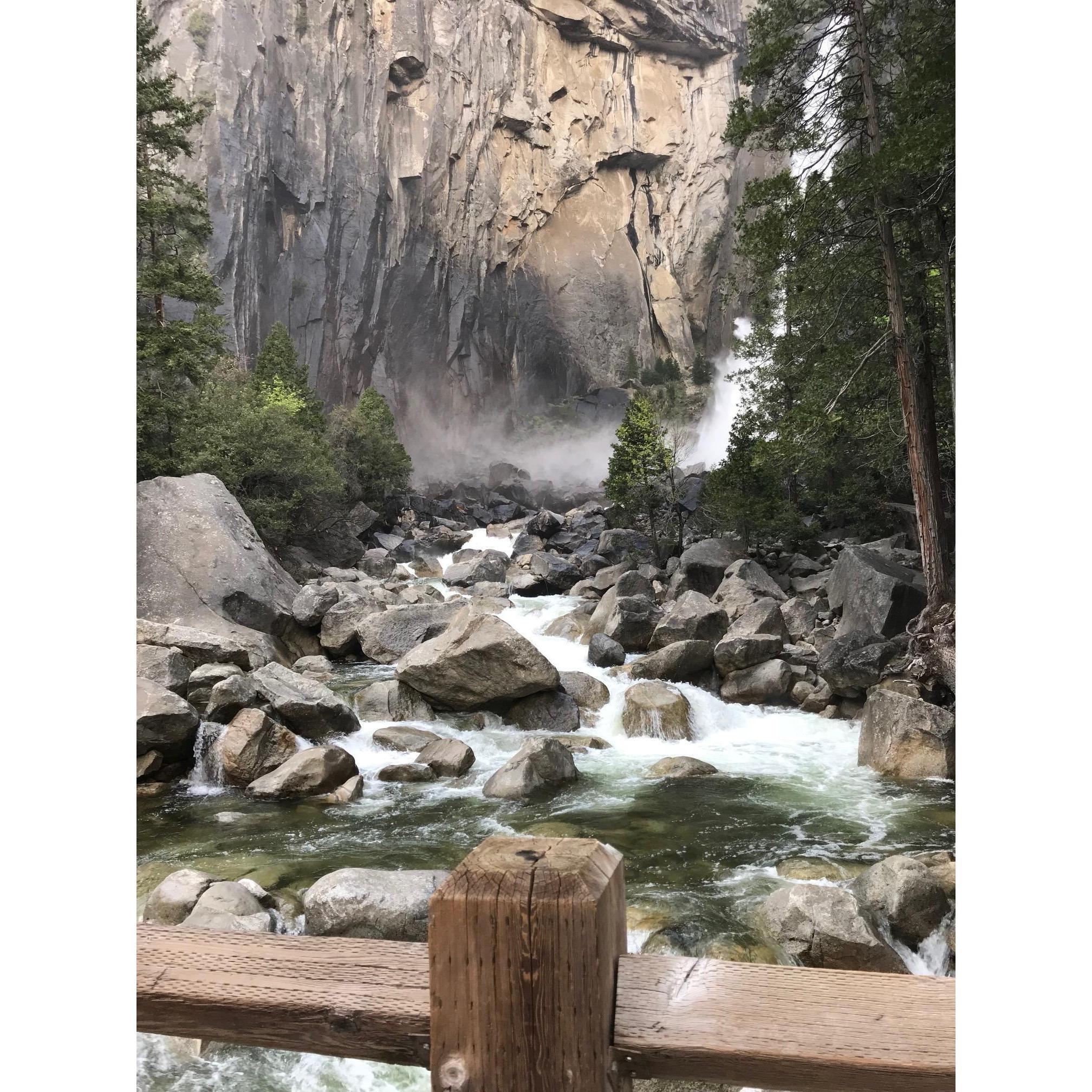 The bottom of Yosemite Falls over this bridge we walked to the falls