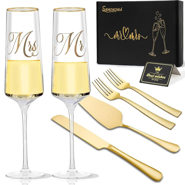 SEMONONIA Mr and Mrs Champagne Flutes, Wedding Cake Cutting Set of 6, Bride and Groom Champagne Glasses, Wedding Cake Knife and Server Set, Bridal Shower Gift, Engagement for Couple Newlyweds