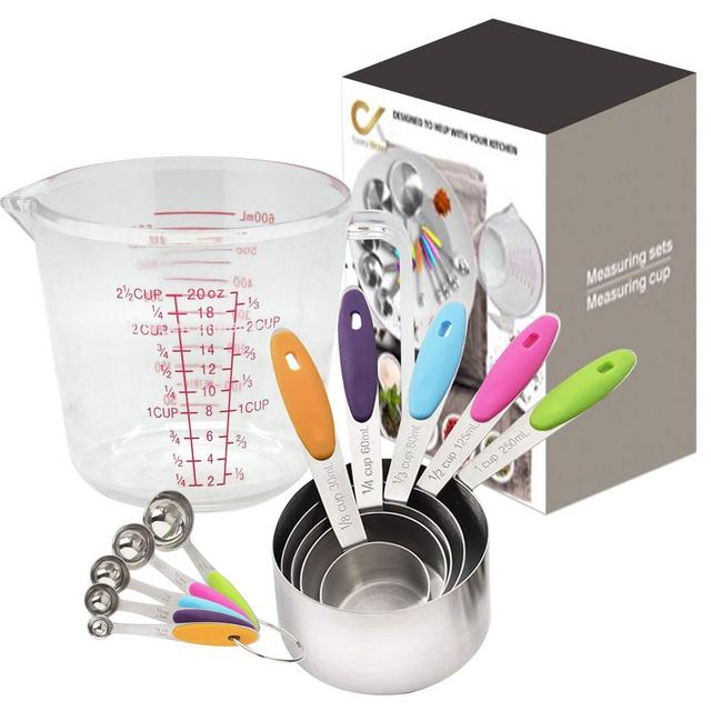 Measuring Cups and Spoons Set-11 Piece, 304 Stainless Steel Measuring Cups and Spoons Set, Including 5-Piece Measuring Cups and 5-Piece Measuring Spoons and 1 Transparent Plastic Measuring Cup