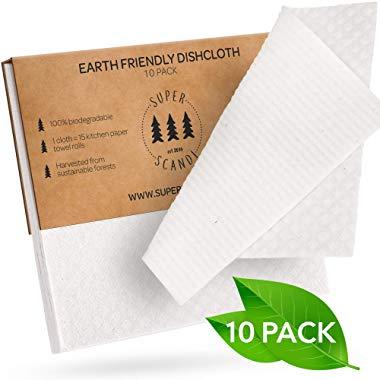 SUPERSCANDI 10 Pack White Swedish Dishcloths Eco Friendly Reusable Sustainable Biodegradable Cellulose Sponge Cleaning Cloths for Kitchen Dish Rags Washing Wipes Paper Towel Replacement Washcloths