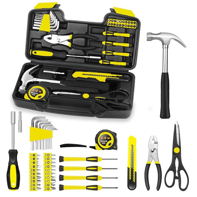 39 Piece Tool Set General Household Tool Kit - Basic Home Tool Set Small Hand Tool Kit with Plastic Toolbox Storage Case for Home Garage Office College Dormitory Use Yellow